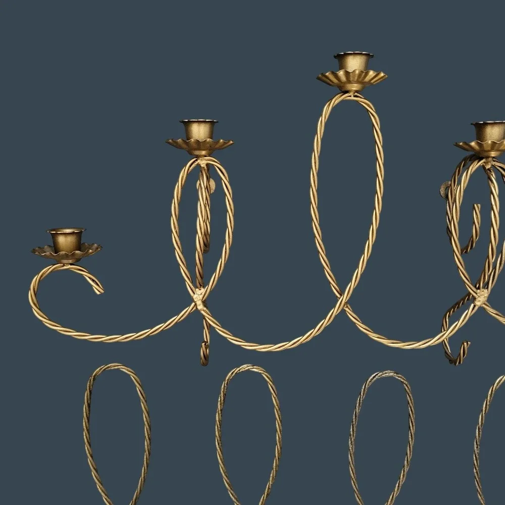 Vintage MCM Wall Candle Holder & Sconce Set Gold Tone Gilt Metal Rope Twisted